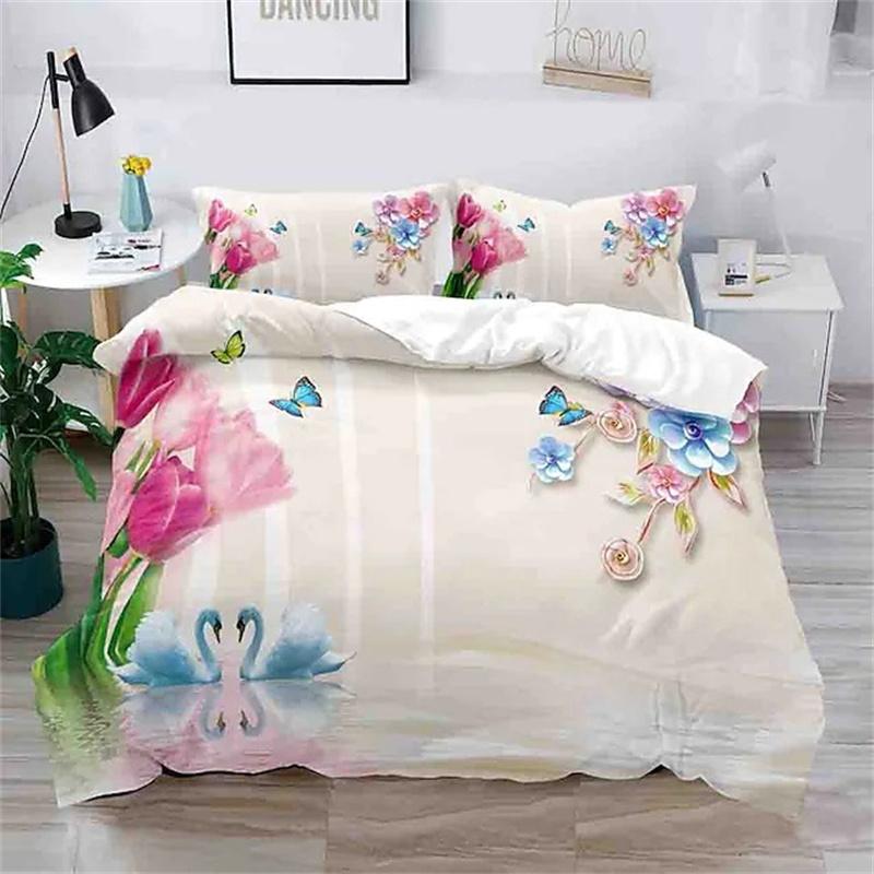 Blumen Bettbezug King Mikrofaser 3D Botanische Blüte Blumen Bettwäsche Set Luxus Geometrisch Schwan Bettdeckenbezug Für Mädchen Teenager