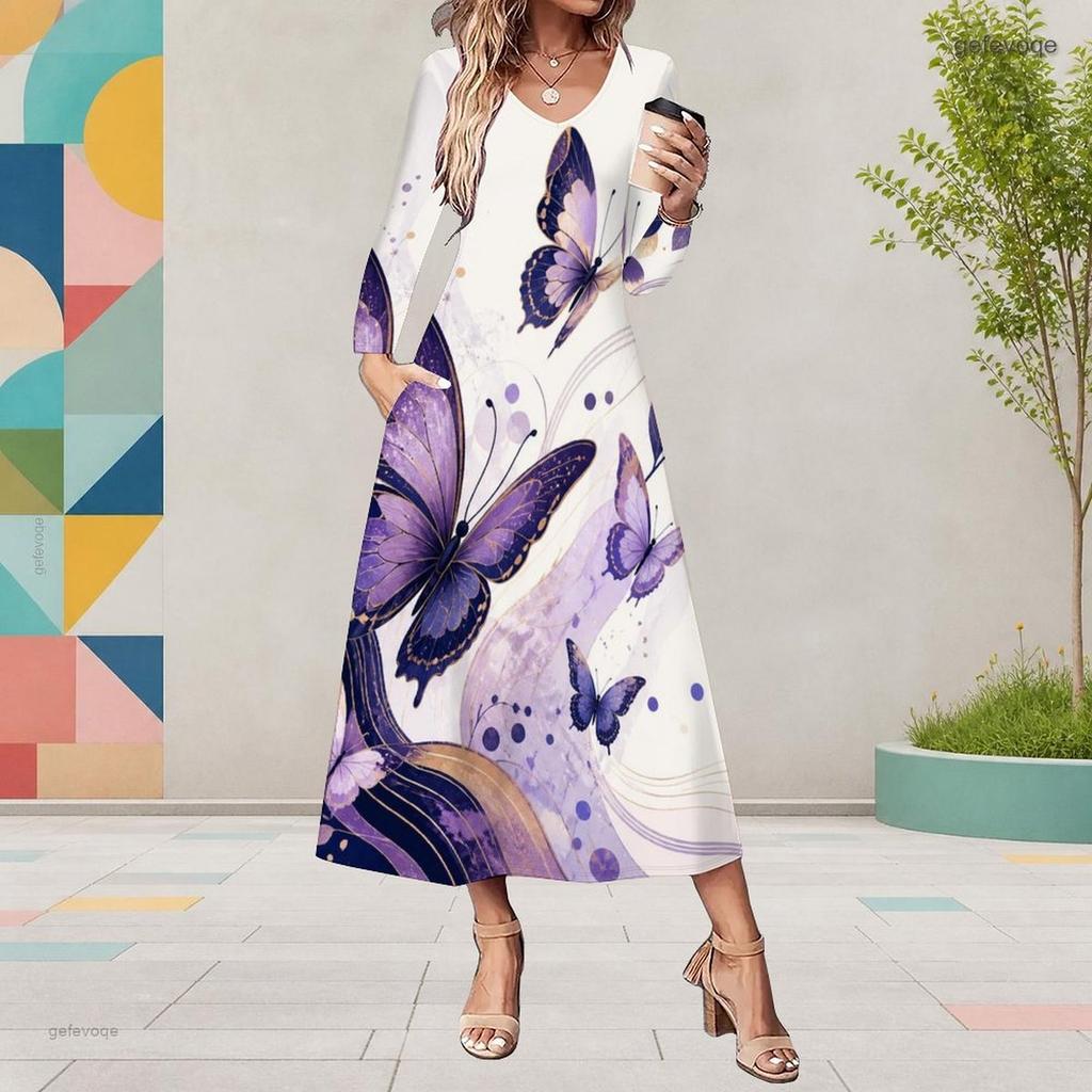 Women Plus Size V Neck Long Sleeve Black Multicolor Printed A Line Midi Dress With Pockets