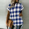 Women Plus Size Brown Blue Plaid Printed Collared Neck Short Sleeve Button Front High Low Curved Hem Shirt
