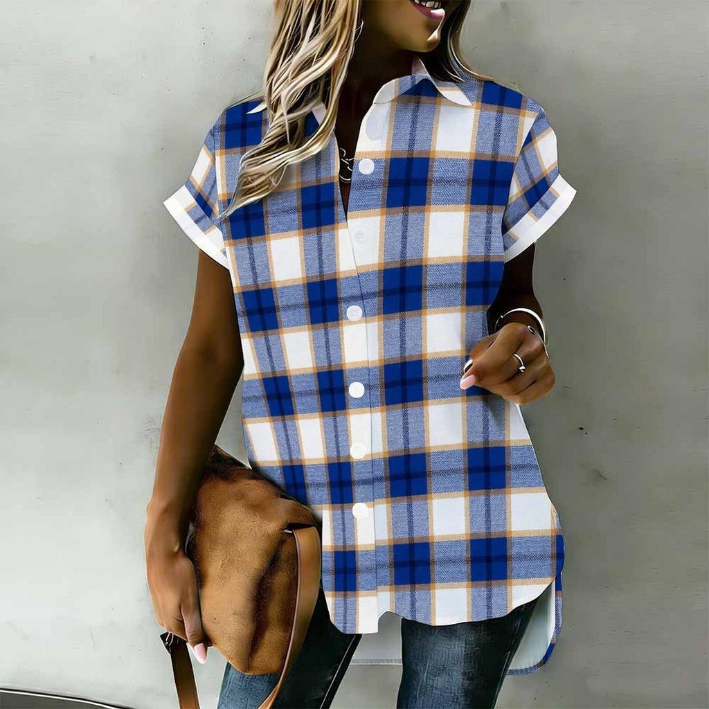 Women Plus Size Brown Blue Plaid Printed Collared Neck Short Sleeve Button Front High Low Curved Hem Shirt