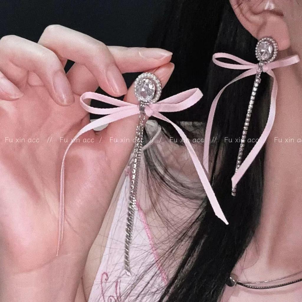 Pink Ribbon Bow Tassel Earrings for Women - Elegant and Stylish Ballet-Inspired Long Earrings for Girlfriends and Students