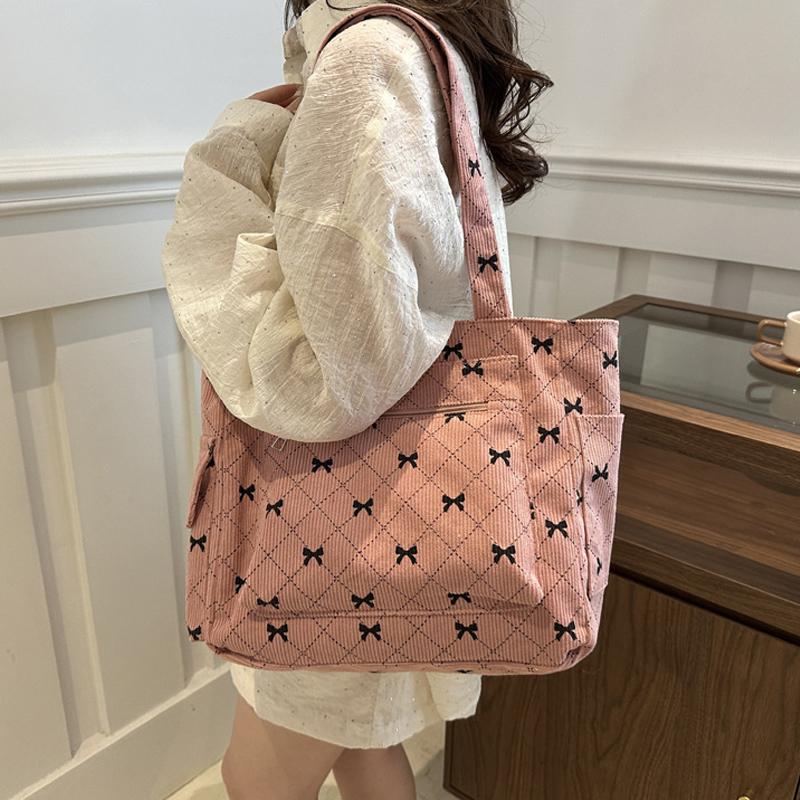 Women Corduroy Tote Bag Stylish Large Capacity Casual Commuting Bag Bow Pattern Design Simple Shopping Bag Chic Handbags CLE