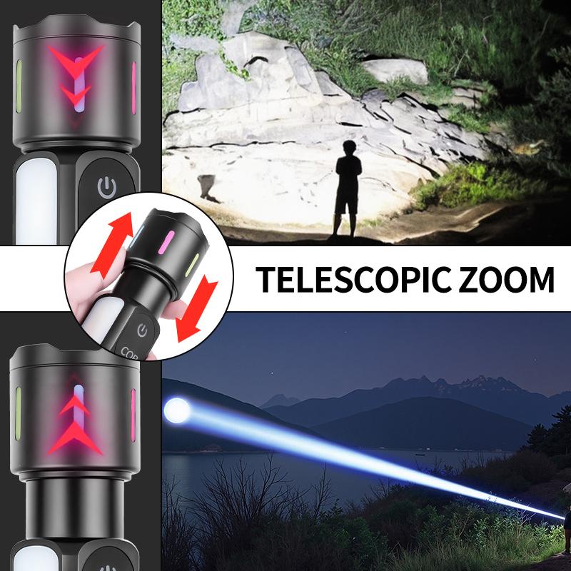 Rechargeable Flashlight with COB Side Light Telescopic Zoom Super Bright USB Battery Indicator for Camping Emergency Lighting