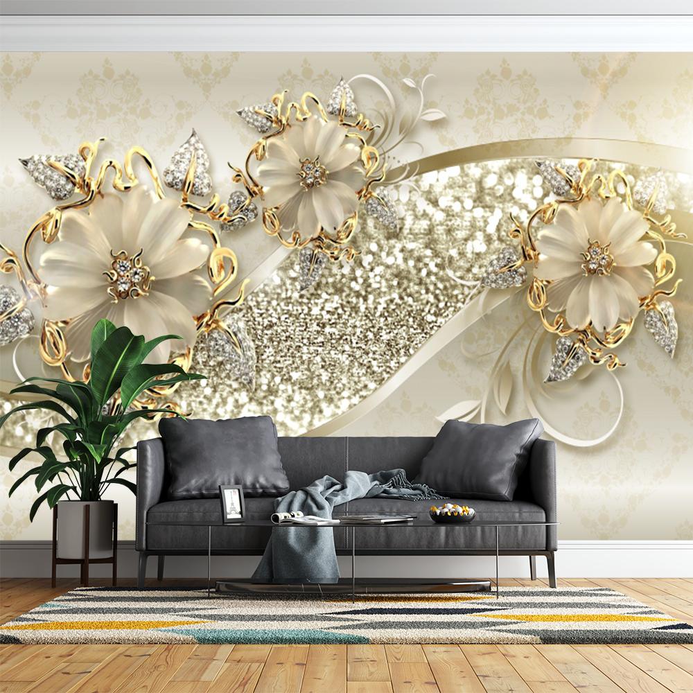 Luxury Golden Rose Jewelry Flower 3d Wallpaper For Living Room Bedroom Floral Wall Murals