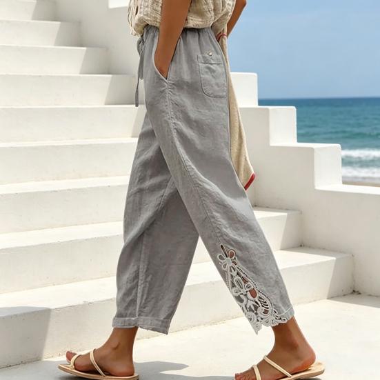 Women Pants, Drawstring Adjustable Waistband High Waist Summer Pants, Pure Color Loose Fit Casual Trousers for Travel Work School Daily Wear