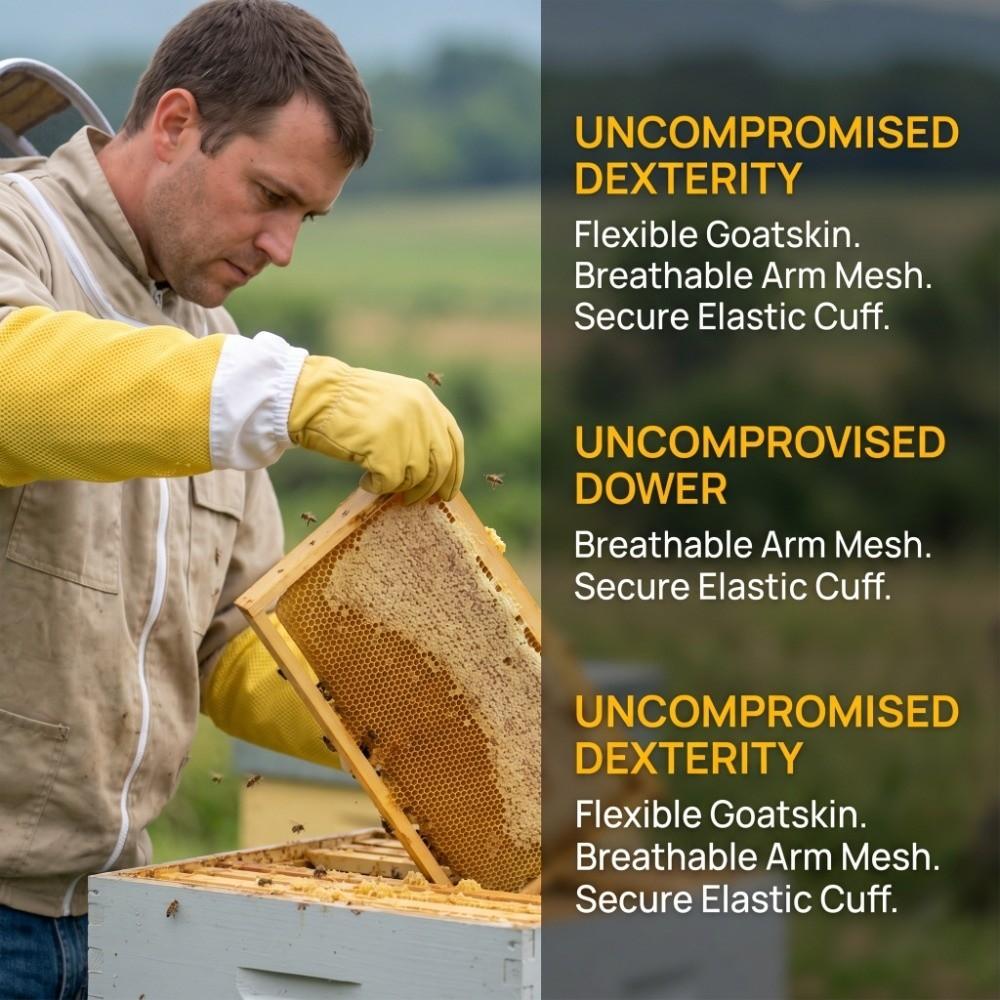 1 Pair Mesh Sleeve Beekeeping Protective Gloves Leather Palm Yellow Beekeepers Gloves Beekeeping Protection