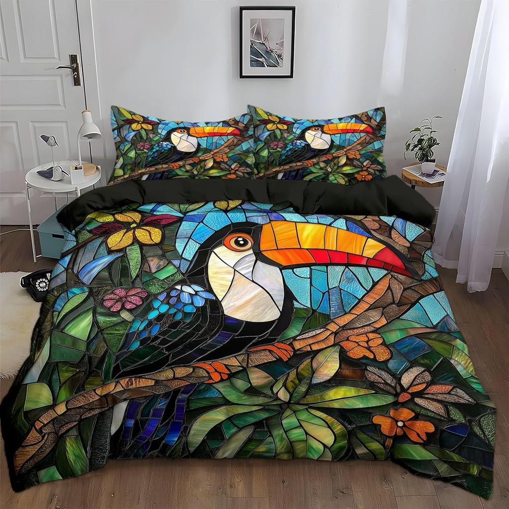 Parrot Bedding Set,Animal Feather Duvet Cover Set Palm Leaf Duvet Cover Tropical Plant Birds Quilt Cover And Pillowcases 75*50