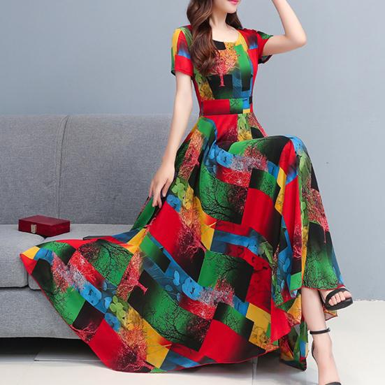 Kobiety ubierają kolorowy nadruk z dużym obszyciem Letnia długa sukienka w kształcie litery A Streetwear