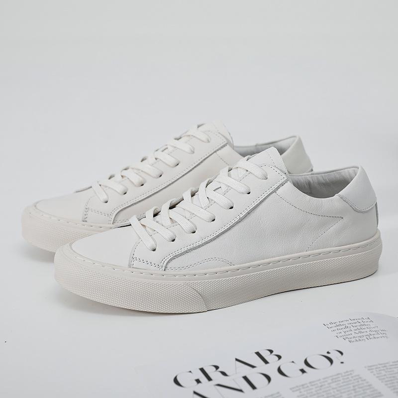 2023 Men's Trendy Low-Top Genuine Leather Sneakers, Korean Style, Breathable White Casual Shoes