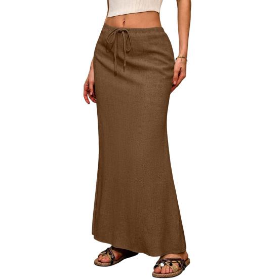 Maxi sukně v boho stylu s vysokým pasem, nastavitelnou stahovací šňůrkou, dlouhá sukně s rozparkem vzadu, jednobarevná, sukně pro office lady