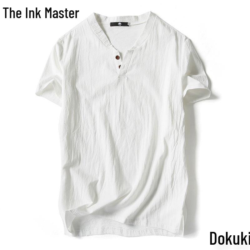 Men's Plus Size Summer Cotton-Linen V-Neck Loose Fit Short Sleeve T-Shirt