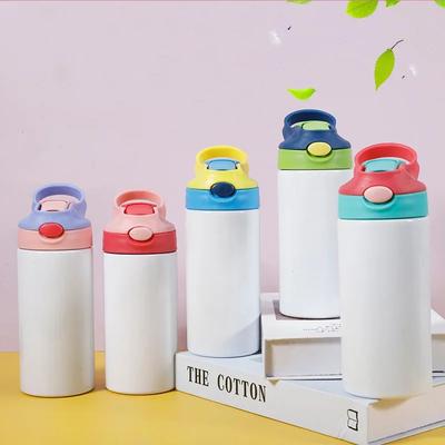 12oz Sublimation Gerader Trinkbecher Klappdeckel Kinderflasche Edelstahl Doppelwandiger Wasserbecher mit Strohhalm Trinkflasche