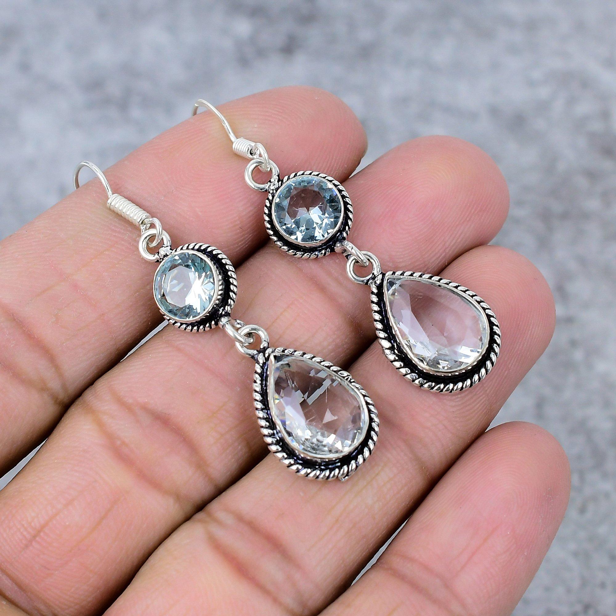 

Aqua Apatite Gemstone Handmade 925 Sterling Silver Jewelry Earring 2.56 M-347