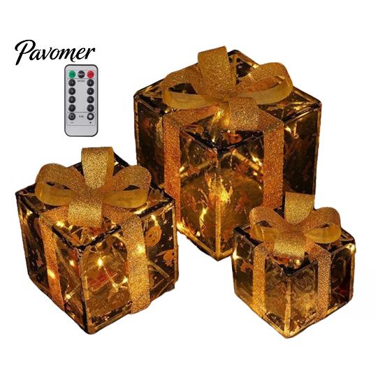 Handmade Pumpkin Face Props 3Pcs Lighted Halloween Gift Boxes, Spooky Glowing Outdoor Doorway Landscaping Presents Box, Warm Light Holiday Ornament