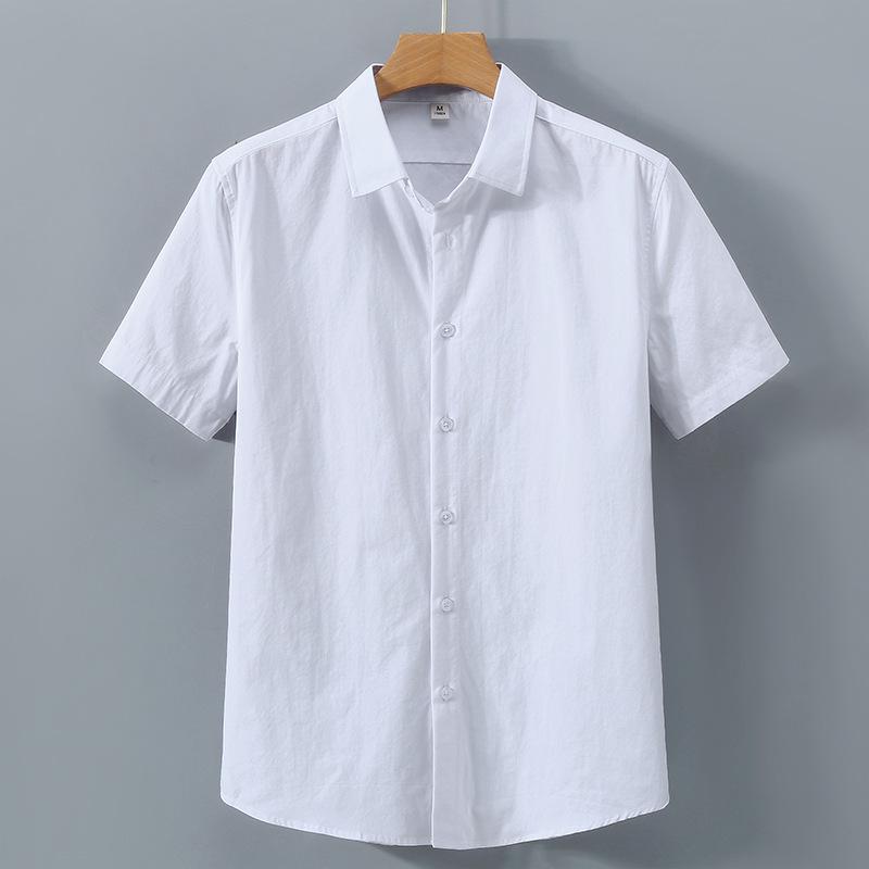 Men's Summer Heavyweight White Short-Sleeve Cotton Shirt - Solid Color Casual Lapel Design