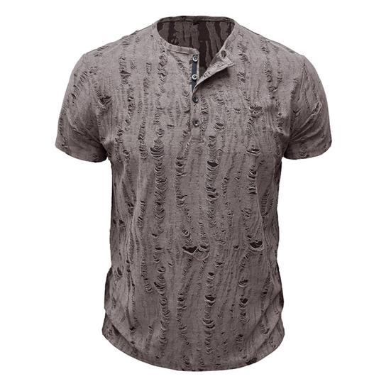 Summer Men Top Short Sleeves Round Neck Ripped Holes Buttons American Style Solid Color Shirt for Streetwear Daily Travel