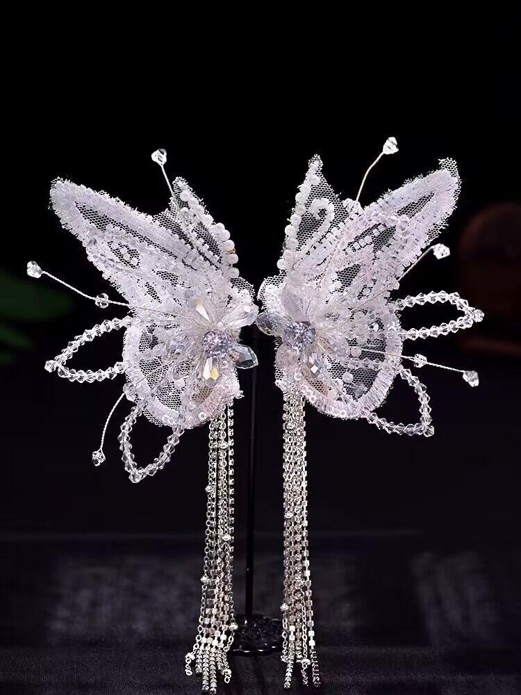 Crystal butterfly wings clip lace feather tassel hairpin wedding dress accessories fairy flower dress tiara