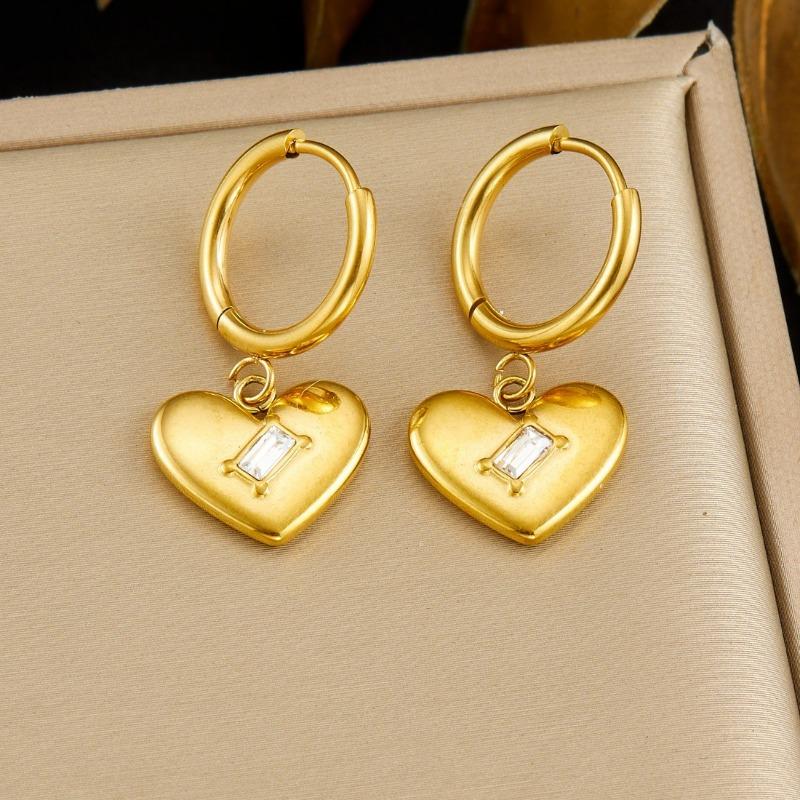 Gold Plated Stainless Steel Crystal Heart Hoop Earrings for Women золотой