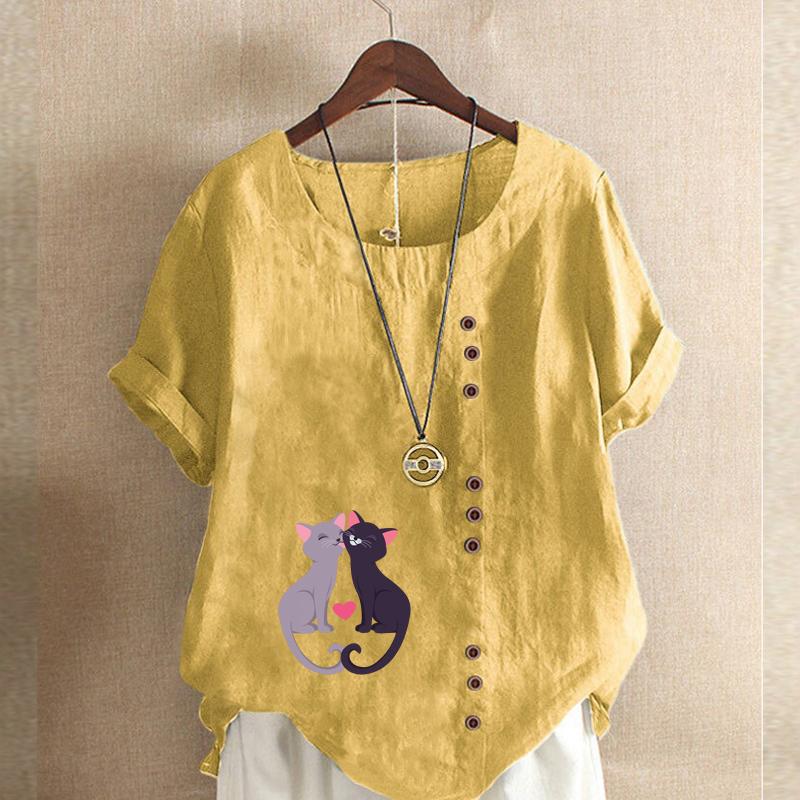 Women's Fashion Couple Cat Prined Short Sleeve T-shirt Loose Cotton Shirt Casual Loose Summer Blouse Plus Size Tops