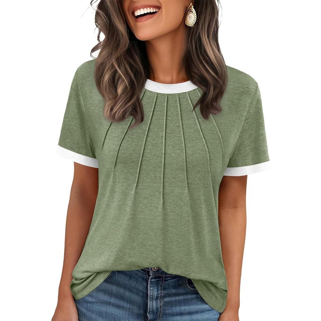 Women's Fashion Solid Color Round Neck Loose Short Sleeved  Pullover T-shirt Top