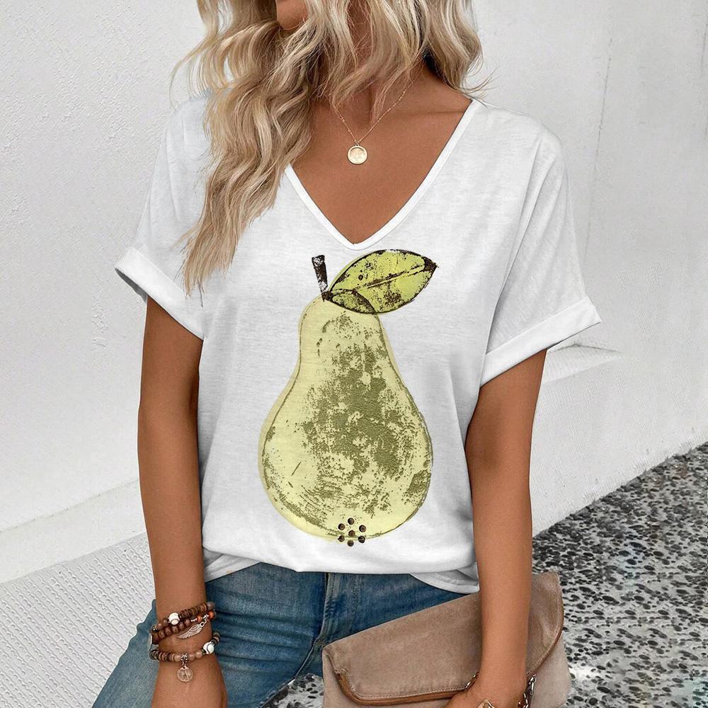 elegant women's v-neck t-Shirt fashion  funny fruit pattern print t-Shirt popular short sleeve t-Shirt summer leisure t-Shirt
