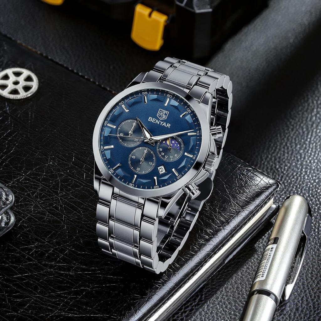 BENYAR Men's Business Formal Leather Band Chronograph Multi-Calendar Waterproof Scratch-Resistant Analog Watch Black