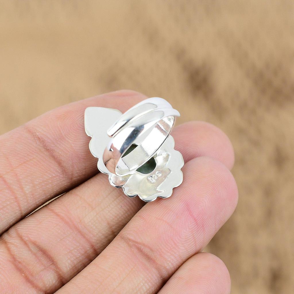Oval Larimar Gemstone 925 Sterling Silver Throat Chakra Mother Boho Ring Jewelry