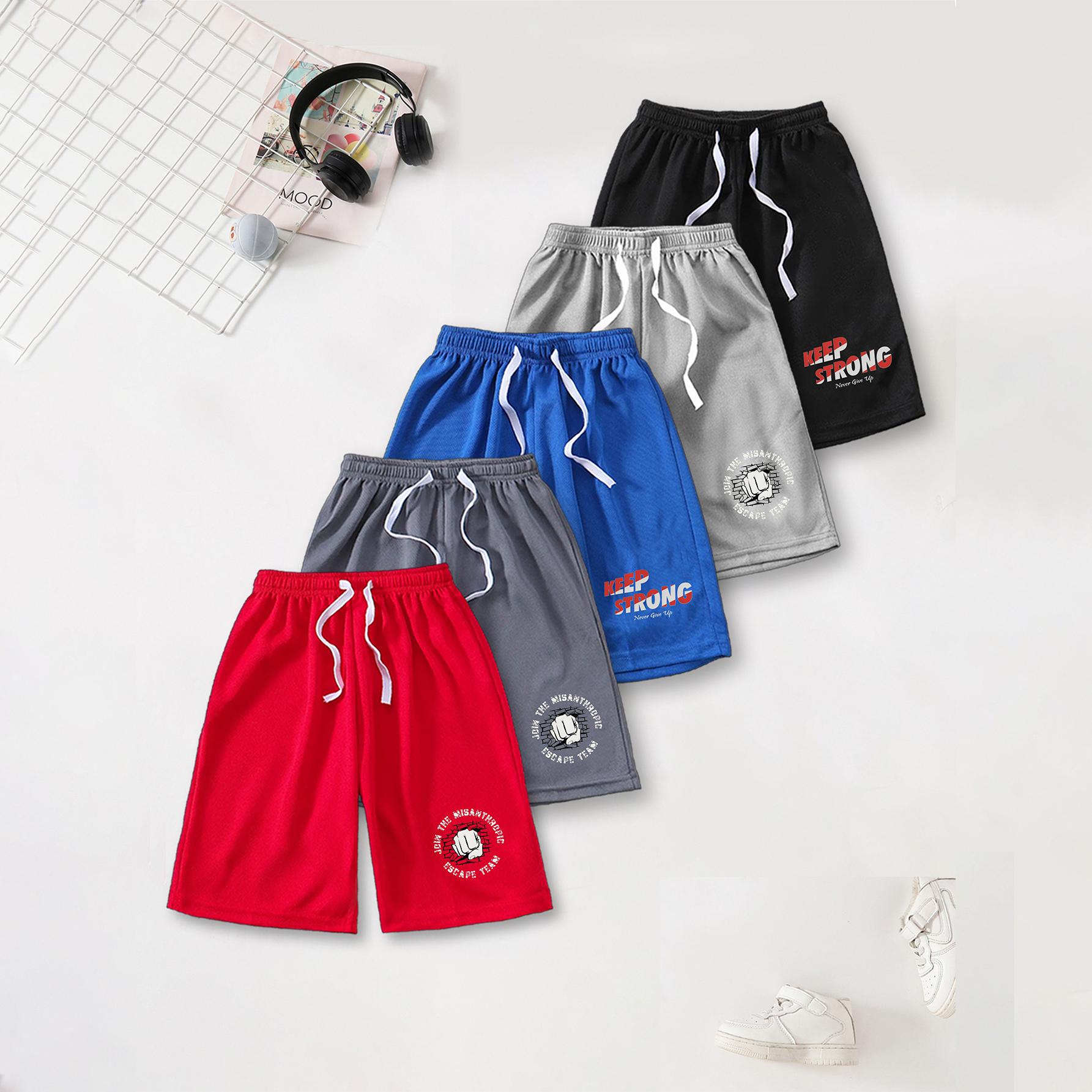 Boys Sports Shorts | Mixed KEEP STRONG Bold Text & Fist‑Icon Slogan Print | 5 Colors Elastic Waist 120 чёрный/синий