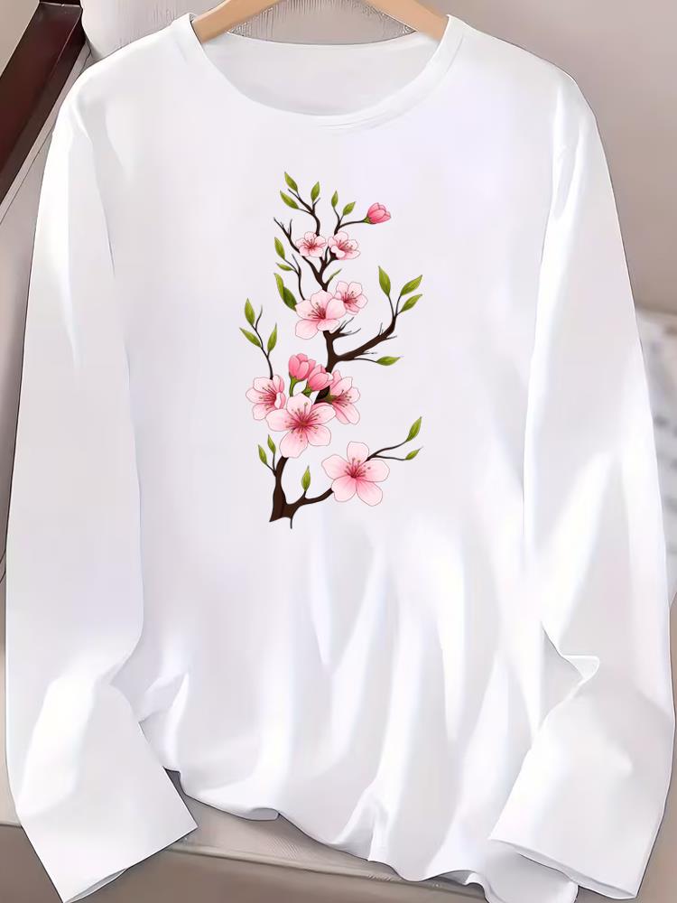 (Asian Size) Graphic Tee Casual Clothing Women O-neck Trend Flower Printed Print T Shirt Autumn Winter Spring Fashion Top Long Sleeve T-shirts