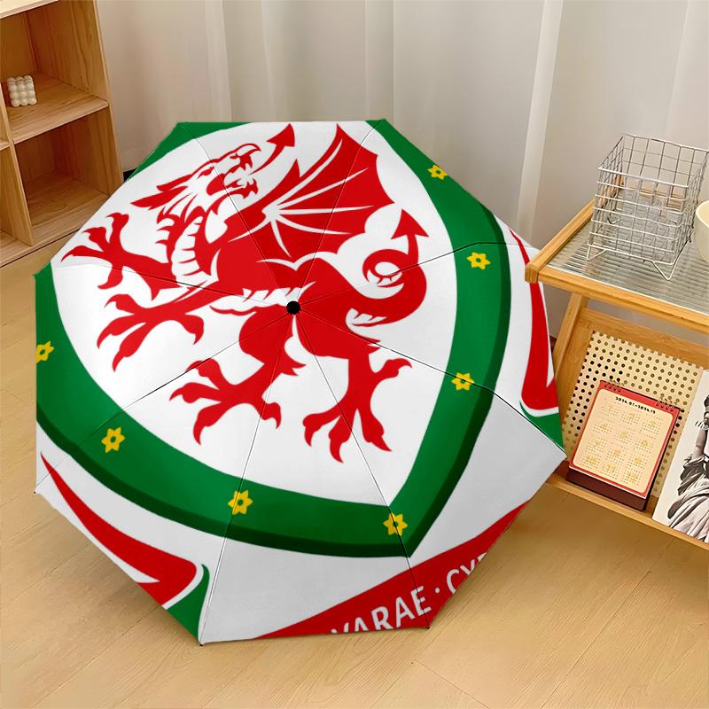 Wales Rugby Print Auto 8?Ribs Folding Umbrella Wind Resistant Lightweight Automatic Umbrella For Daily Travel