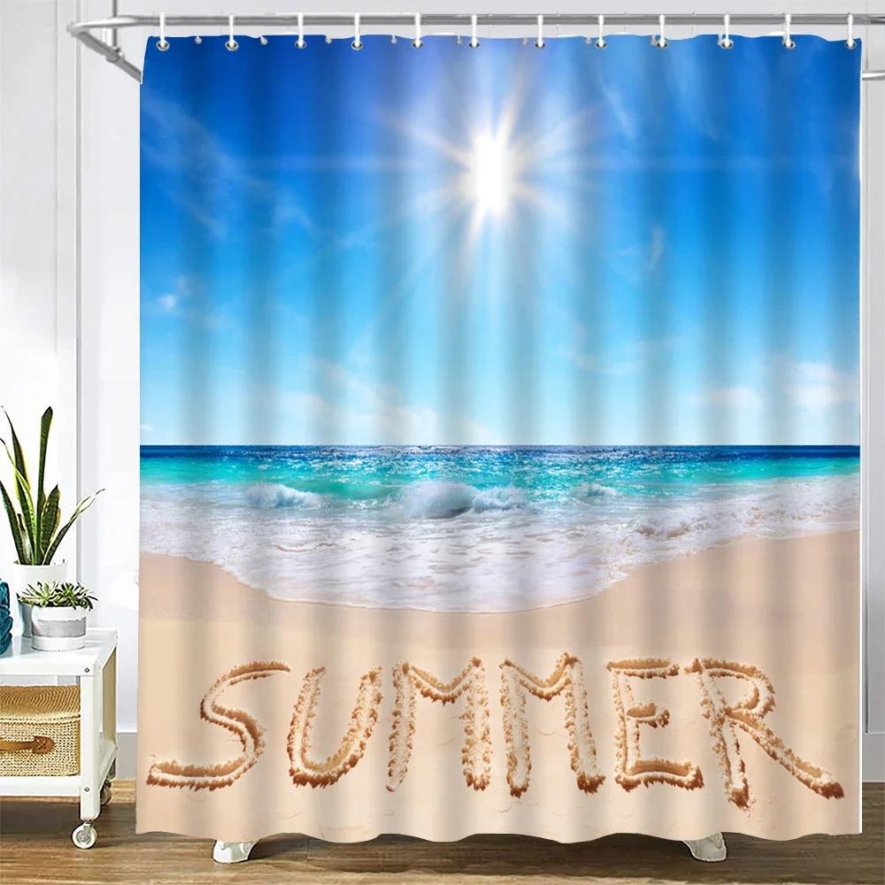 3d Printing Sea View Beach Shell Sea Surf Shower Curtains  Bathroom Curtain Waterproof Polyester Cloth With Hook Bath Home Decor