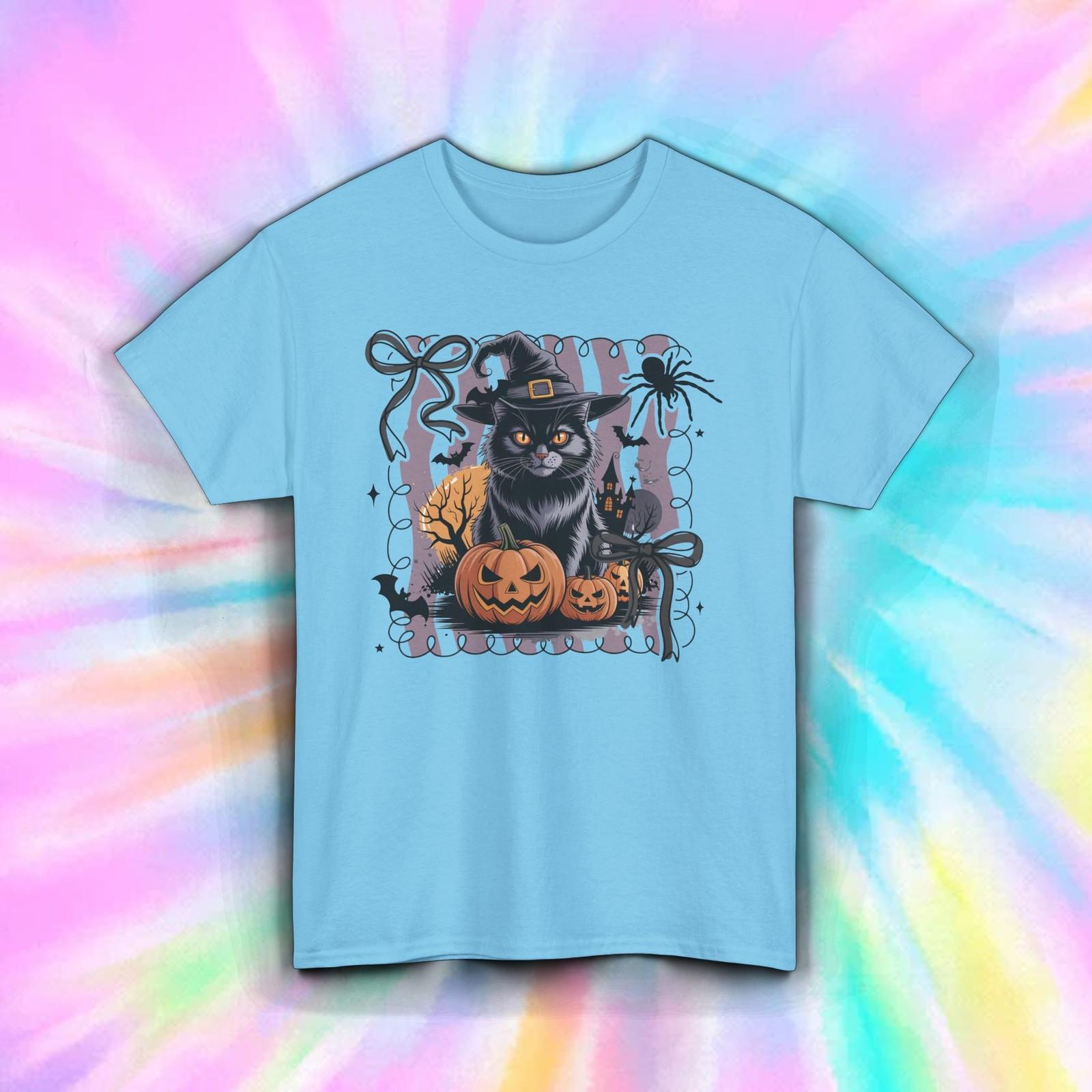 Halloween Cat Shirt Witch Hat Pumpkin Bats Cute Spooky Kitty Tee S-5XL S