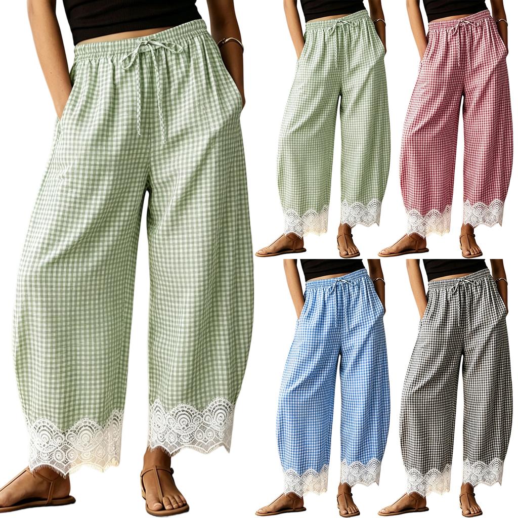 Pantaloni a Quadri Larghi da Donna con Vita Elastica e Bordi in Pizzo per Uso Quotidiano Casual