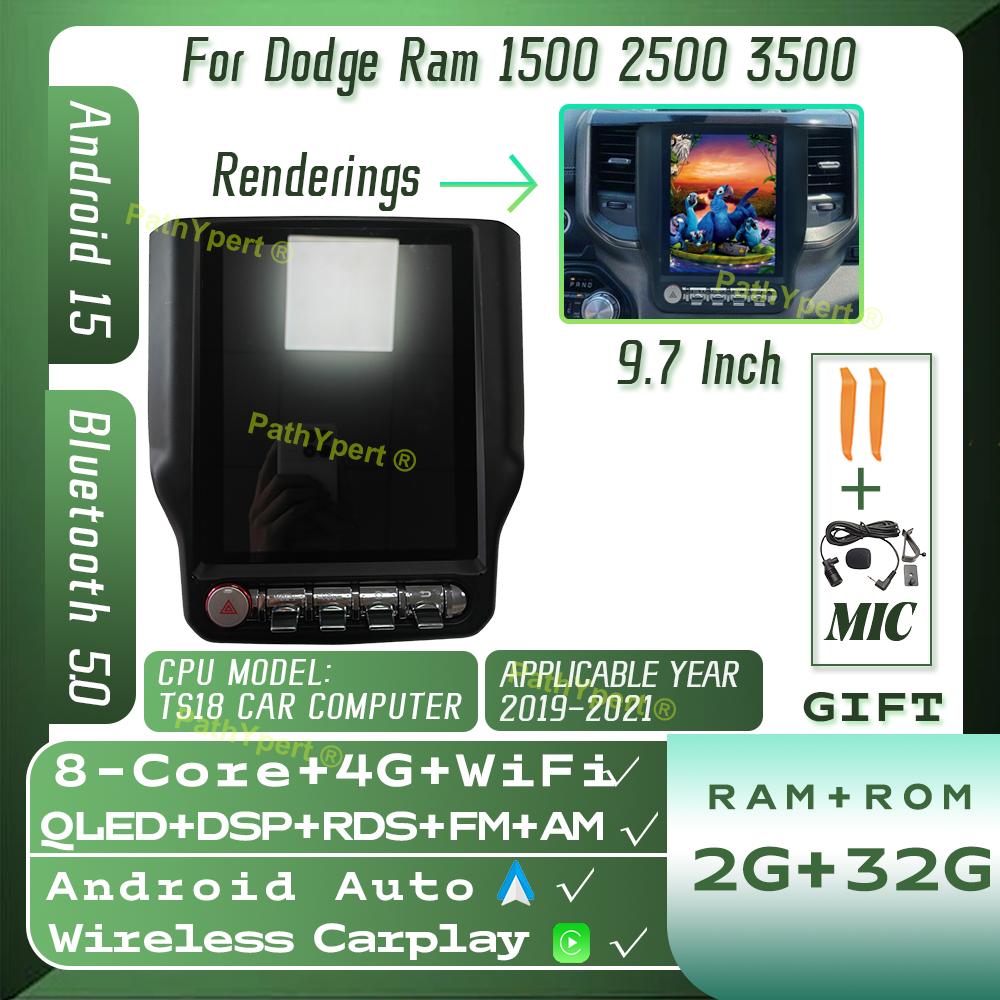 9.7"Android15 For Dodge Ram 1500 2500 3500 2019-2021 Car Radio Intelligent Systems Tesla Screen Wireless Carplay BT DSP Stereo