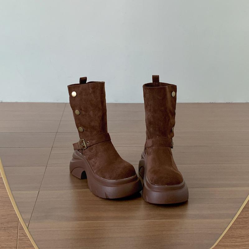 Vintage Platform Thick Heels Women Ankle Boots Punk Style Belt Buckle Knight Short Botas Autumn Winter Women's Shoes