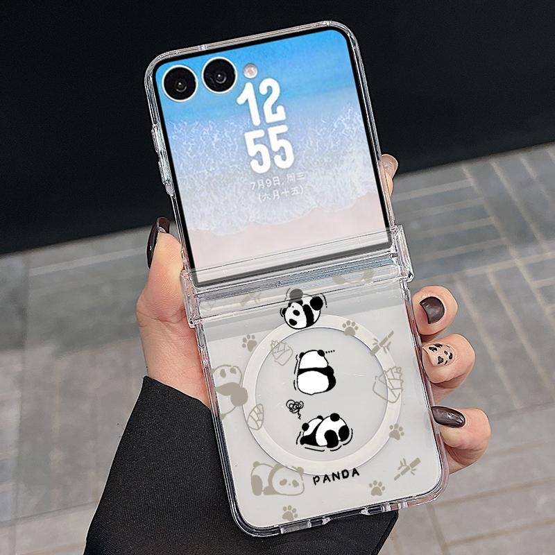 Cute Panda Print Case For Samsung Z Flip 8 7 FE 6 5 Magnetic Clear Hard PC Folding Phone Cover For Galaxy Z Flip8 Flip7 Flip6