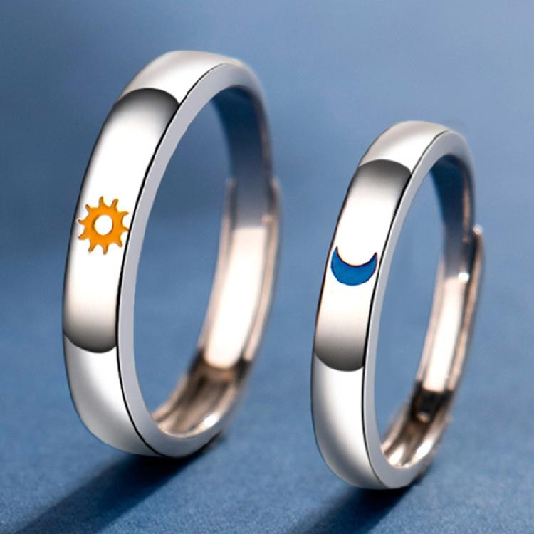 2 Pcs Sun and Moon Couple Rings Copper Polish Lovers Adjustable Ring for Her