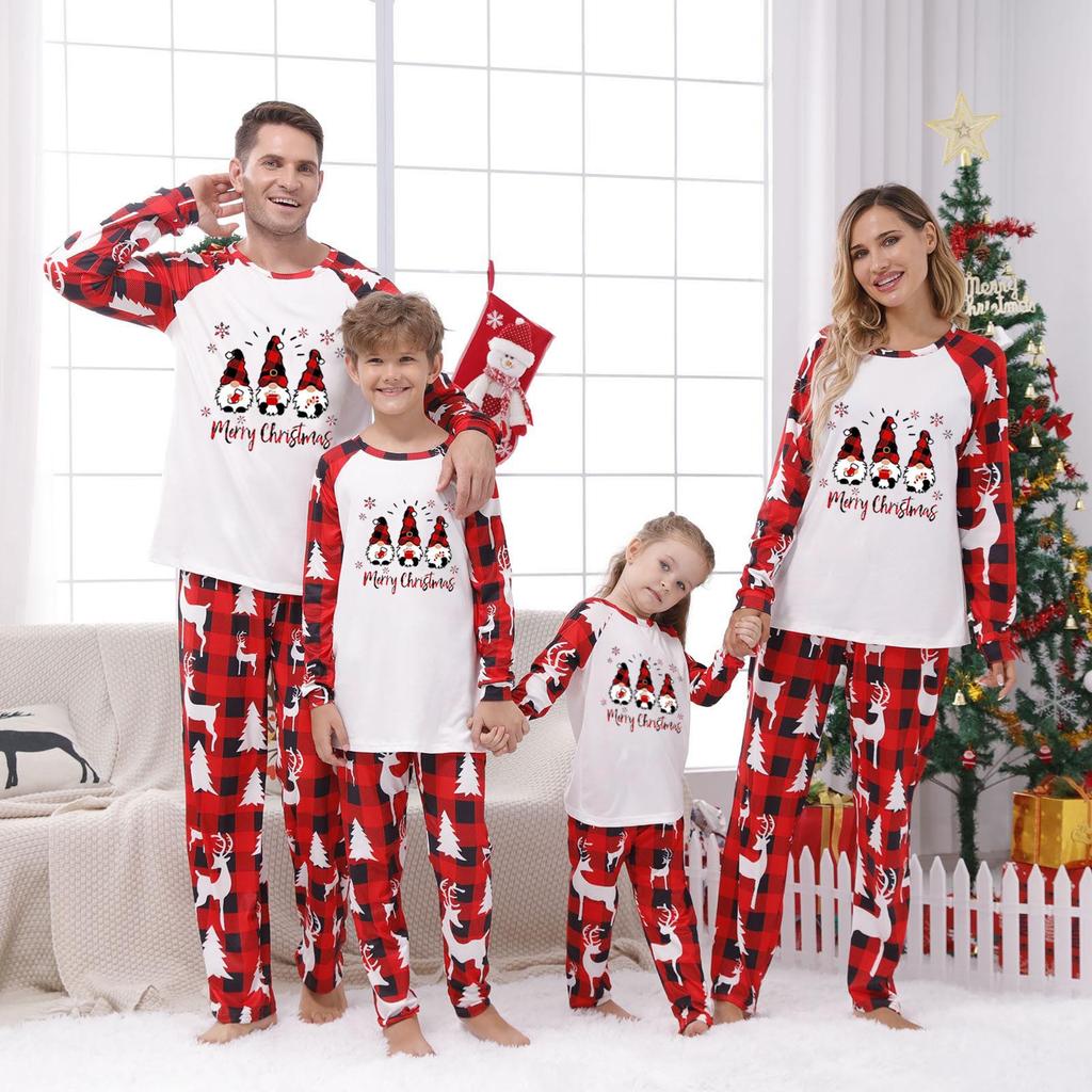Weihnachts-Eltern-Kind-Anzug für Damen, Rundhalsausschnitt, lange Ärmel, karierter Weihnachts-Homewear-Anzug