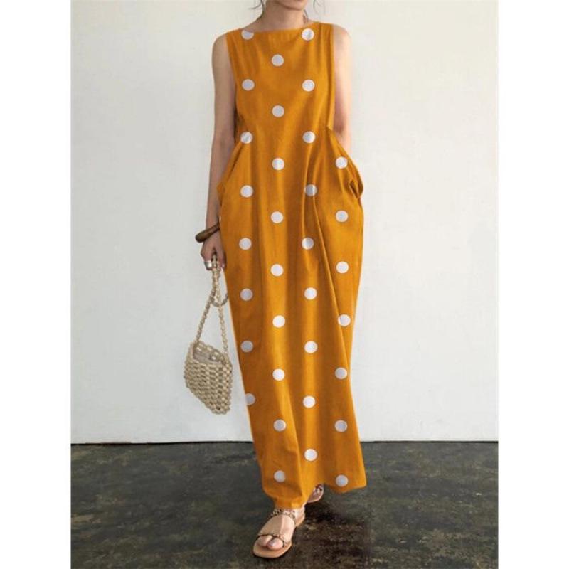 Plus Size Women s Black Polka Dot Sleeveless Linen Long Dress 3XL