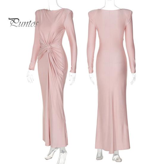 Dámské večerní šaty Skládaný uzel Dekor Slim Fit Kulatý výstřih vzadu Zip Zapínání po celé délce Svatební Party Prom Maxi šaty
