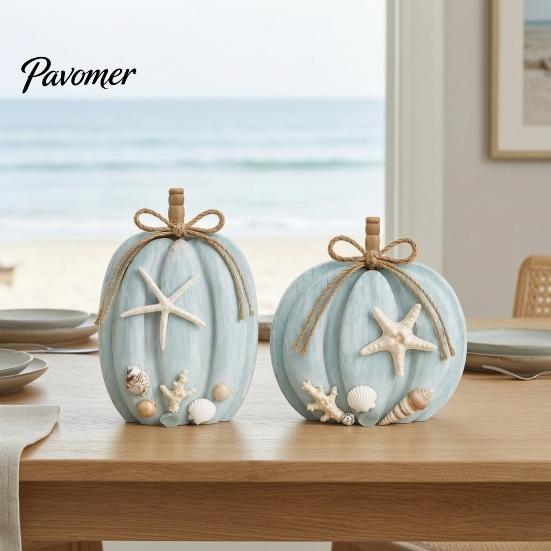 Dekorative Holzkürbisse für Zuhause 2 Stück Küstenkürbis-Deko, Blaues Holzschild, Herbst Handgefertigt Massivholz Geschenke Tischmittelstück Thanksgiving