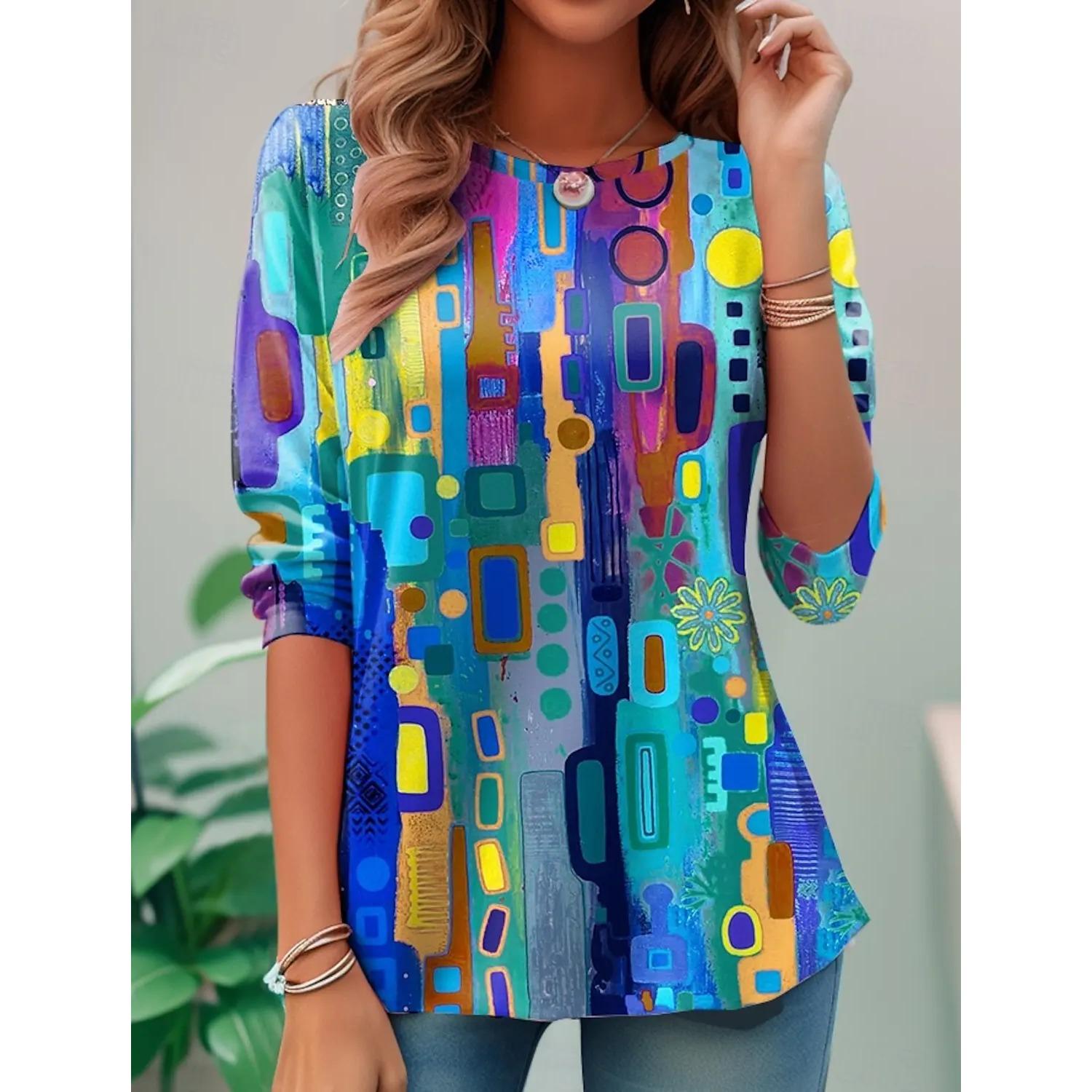 

Весенне-осенний топ с круглым вырезом, геометрическим графическим 3D-принтом, модная повседневная женская футболка с длинным рукавом XXXL