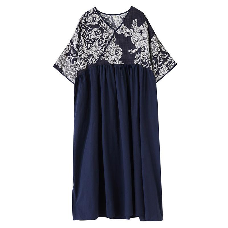 Cotton Season New Cotton and Linen V-neck Splicing Retro Style Dress Middle-aged and Elderly Mother Dress Large Size Dress