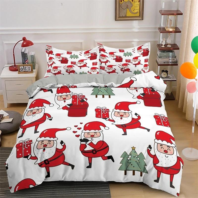 3D Frohe Weihnachten King Queen Bettwäscheset Kinder Cartoon Weihnachtsmann Schneemann Rentier Bettdeckenbezug XMAS Bettbezug Polyester Steppdecke
