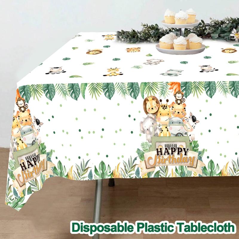 1pc Jungle Animal Plastic Tablecloth Palm Leaves Backdrop Jungle Safari Wild One Kids Birthday Party Decoration Table Cover