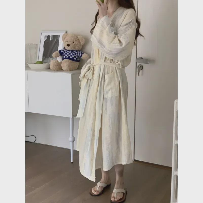 Japanese-Inspired Long-Sleeve Kimono Nightdress: Women's V-Neck Lace Pajamas & Bathrobe