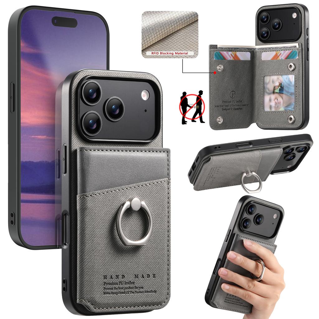 For iPhone 17 Pro Case with Card Holder Kickstand Leather + TPU + PC Phone Cover