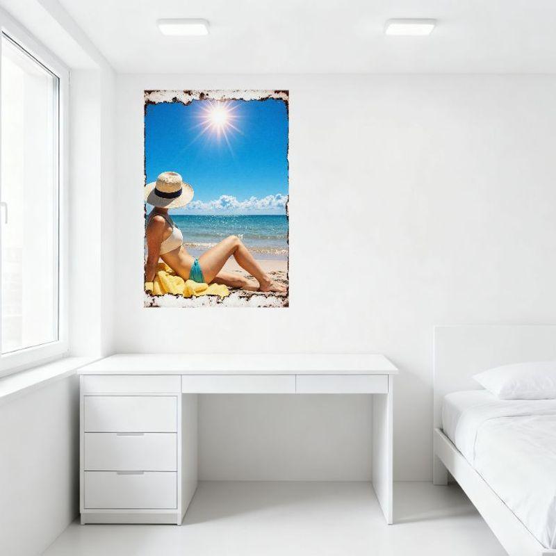 Sexy Woman In Bikini Beach Scene Vintage Tin Sign Rusty Border Metal Poster for Home Cafe Wall Decor, 8x12 Inch