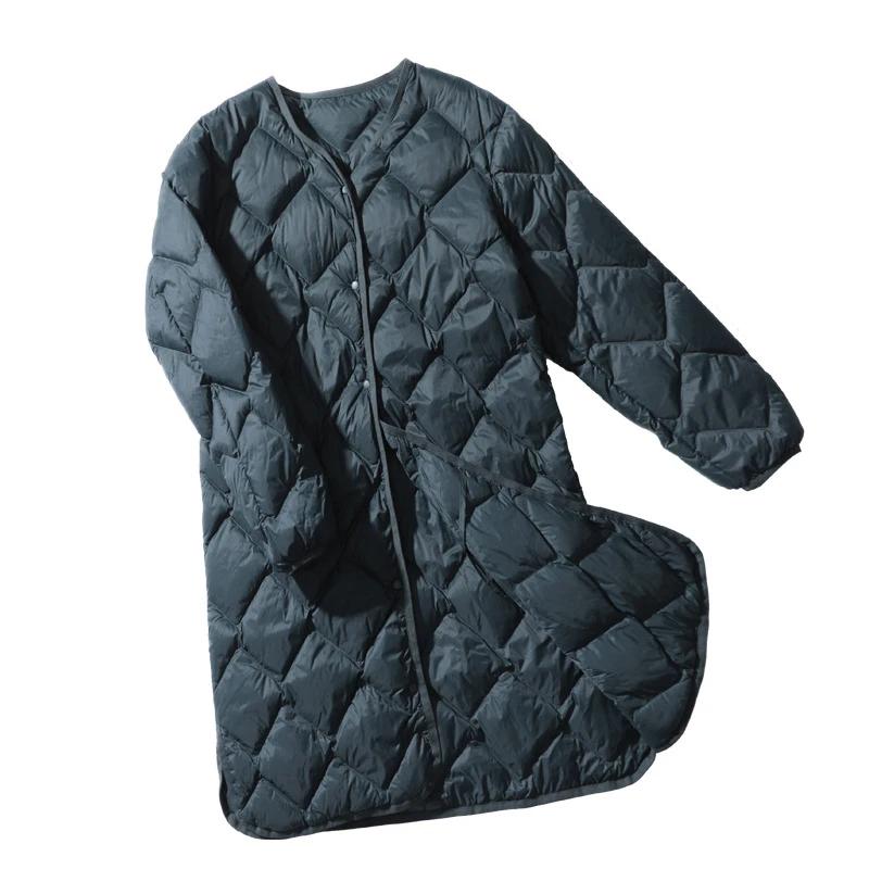 Grande veste en duvet chaude mi-longue pour femme, automne et hiver, ample, littéraire, col montant, solide, diamant, plaid, longueur moyenne, longueur genou