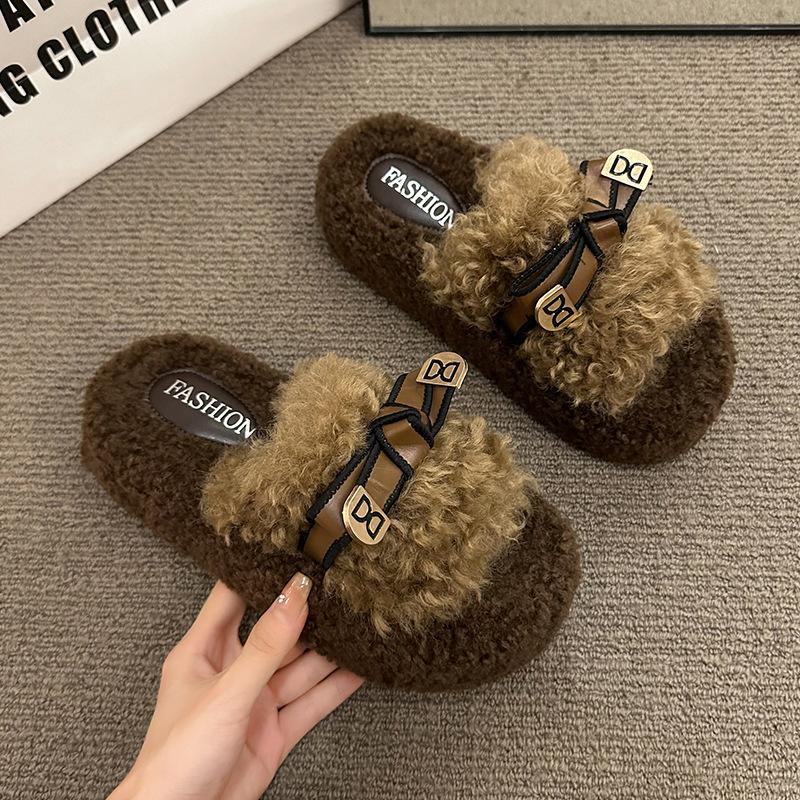 Fashion Short Plush Cotton Mop 2025 Autumn New Versatile Casual Fluffy Slippers Women's Outer Wear Muffin Thick Bottom One-word Mop
